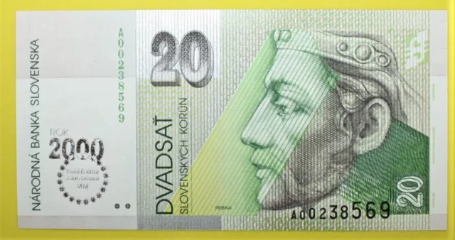 S12 - Slovakia 20 Kr. 1993 "Millennium" Crisp Unc. Banknote P. 34 SN: A00238569