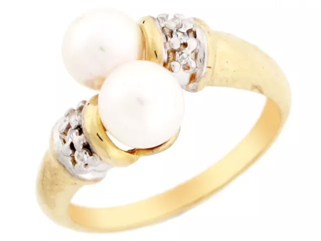 10k or 14k Two Tone Gold Two Freshwater Cultured Pearl and CZ Bypass Ladies Ring