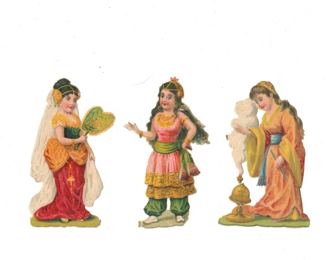 Vtg 1800's Victorian Die Cut Scrap Lot - 3 Traditional Dress Figural Die Cuts