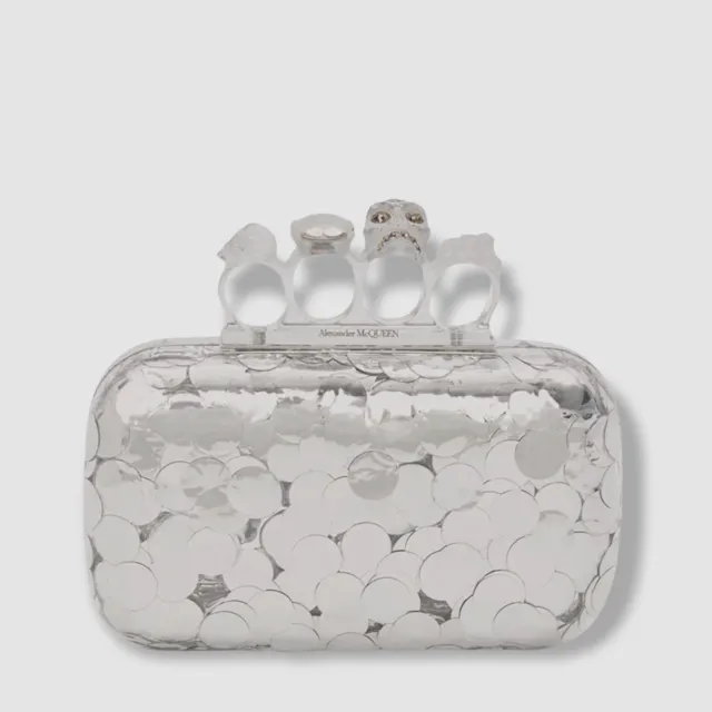 $2590 Alexander McQueen Womens Silver Skull Four-Ring Sequin Box Clutch Hand Bag