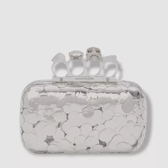 $2590 Alexander McQueen Womens Silver Skull Four-Ring Sequin Box Clutch Hand Bag $2590 Alexander McQueen Womens Silver Skull Four-Ring Sequin Box Clutch Hand Bag