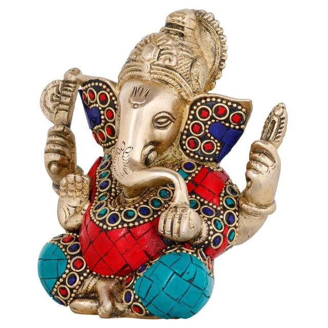 Statue Lord Ganesha Small Hindu God Ganesh Multicolor Brass Home Decor Gift Item