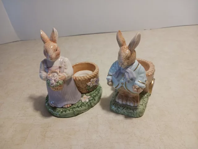VTG AVON Springtime Collection /2Mr. and Mrs. Bunny figurine votive/egg holders