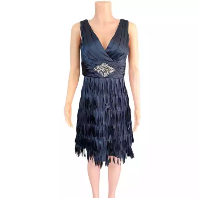 Hailey by Adrianna Papell Navy Blue A-Line V-Neck Sleeveless Fringe Dress Size 6 3