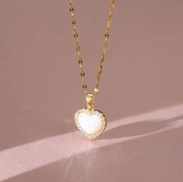 Gold Tone Titanium Love Heart Moonstone Shell Pave CZ Pendant Chain Necklace