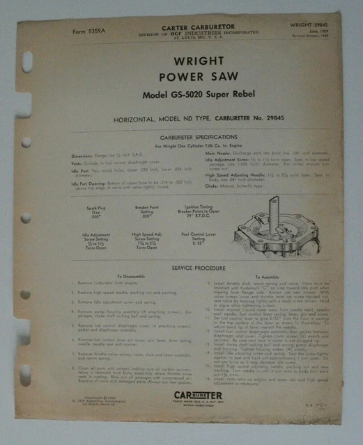 CARTER Carbureter WRIGHT Power Saw Model GS-5020 Super Rebel October 1959 Form
