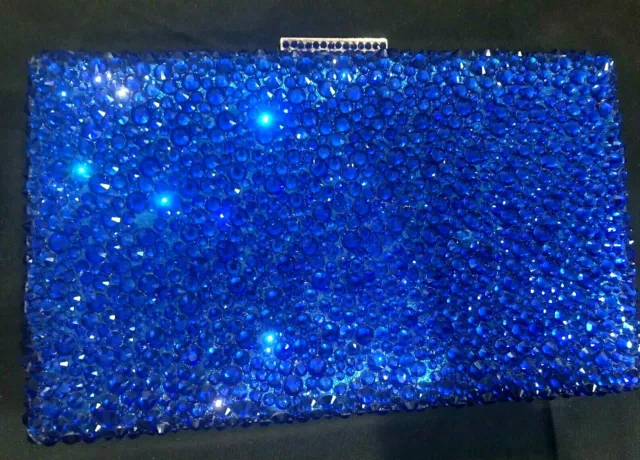 New Royal Blue Crystal Evening Clutch Bag 8 1/2''w x 6' Gold Trim- Fits Iphone