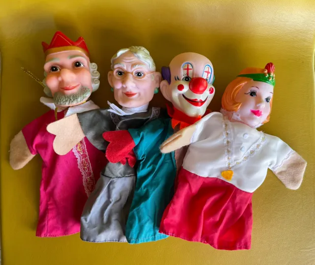 Lot of 4 Vintage German Rubber Head Cloth Hand Puppets Mr. Rogers Clown King etc