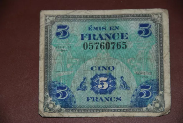 Emissione militare alleata francese 5 franchi 1944 n. 05760765 Buone condizioni usato