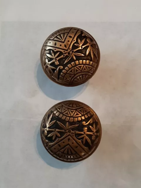 Pair Vintage Brass Bronze Door Knobs  Victorian Mayan Bamboo Ornate Antique Set