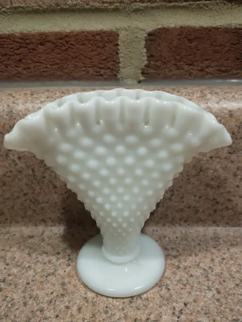 Vintage Fenton Ruffled Fan Top White Hobnail Milk Glass Mini Vase 4" Tall