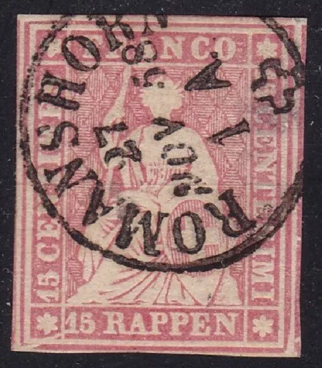 1855-57 SVIZZERA, Catalogo Zumstein n. 24 - 15 rappen carminio rosa - Certificat