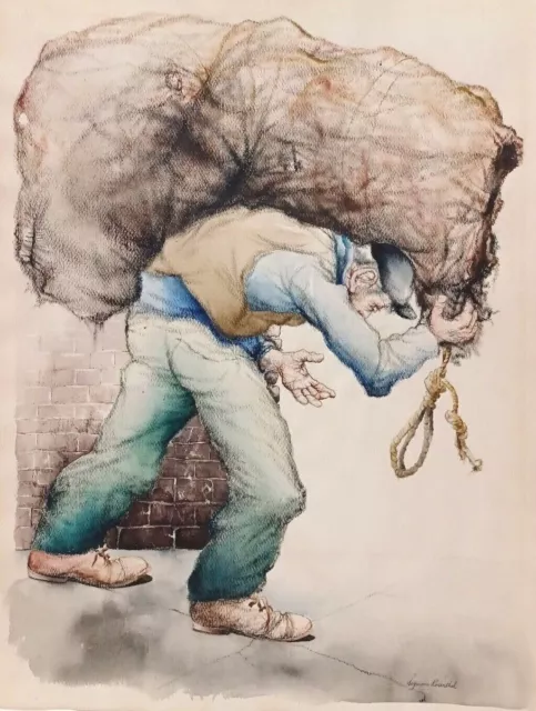LISTED AMERICAN SEYMOUR ROSENTHAL Sd ORIGINAL WATERCOLOR MAN with BURLAP SACK