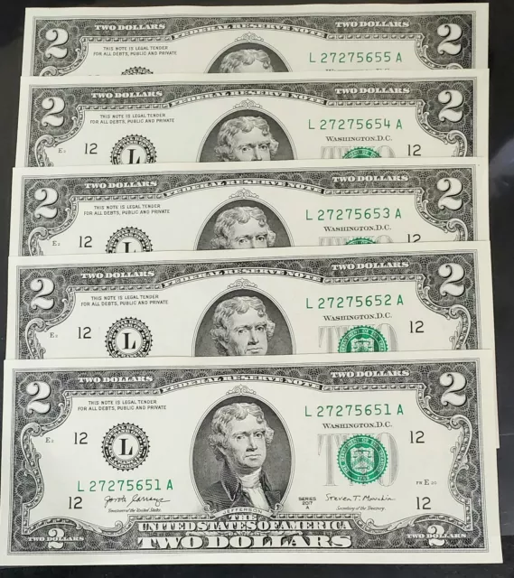 **Lot of 5 Uncirculated/Sequential Two Dollar Bills ** SPECIAL HOLIDAY PRICE **