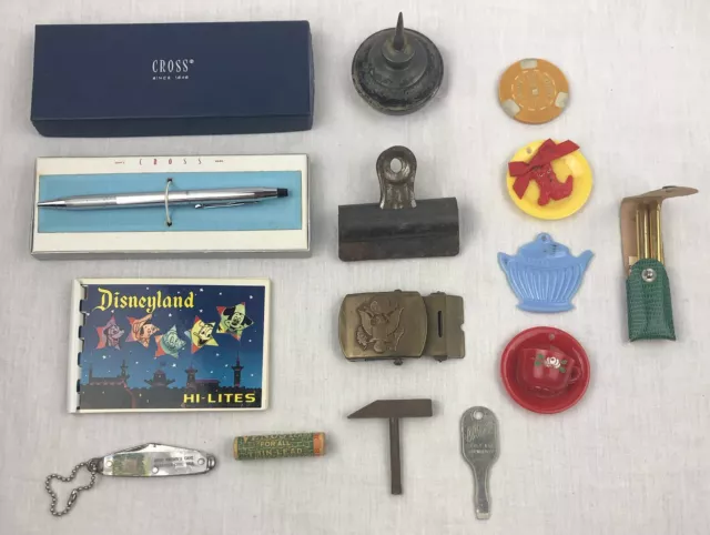 Junk Drawer Lot Cross Pen Belt Buckle Oil Can Disney Vaco Screwdriver Vintage