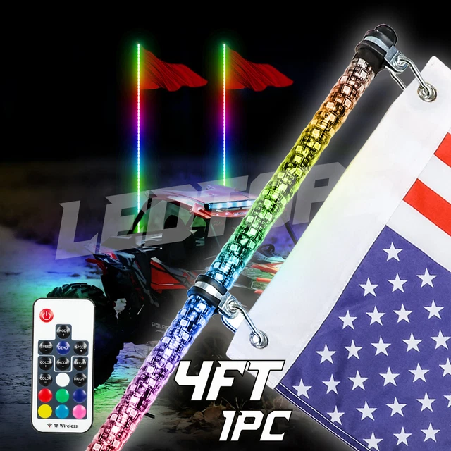 1X 4ft RGB Spiral LED Whip Lights Antenna Chase w/ Flag Remote for ATV UTV JEEP
