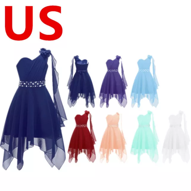 US Kids Girls Dress One Shoulder Flower A-line Chiffon Bridesmaid Princess Gown