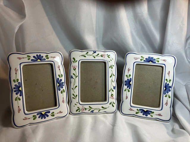 1980s Hand Painted 3 1/2-in x 5-in Ceramic Frames Floral set of three Fetco