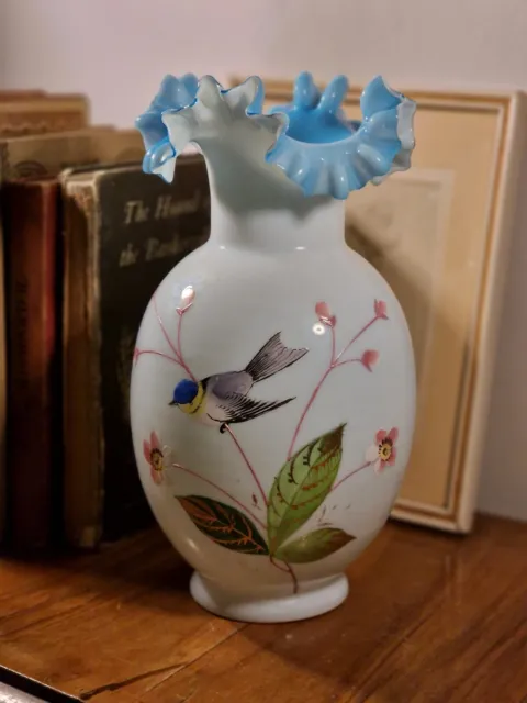 Antique Victorian White Bristol Glass Blue Ruffle Enamelled Bird & Floral Vase 2