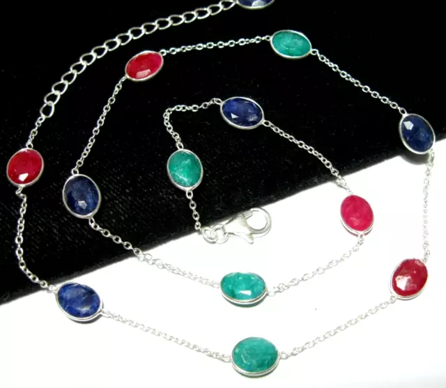 Sterling Silver Ruby Sapphire Emerald Gem Stone Bezel Chain Necklace 18.5" Long