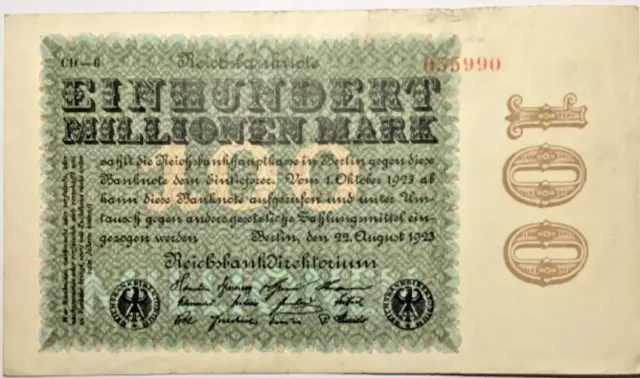 Deutsches Reich 100 Millionen  Mark 1923  Papiergeld Banknoten Geldschein 