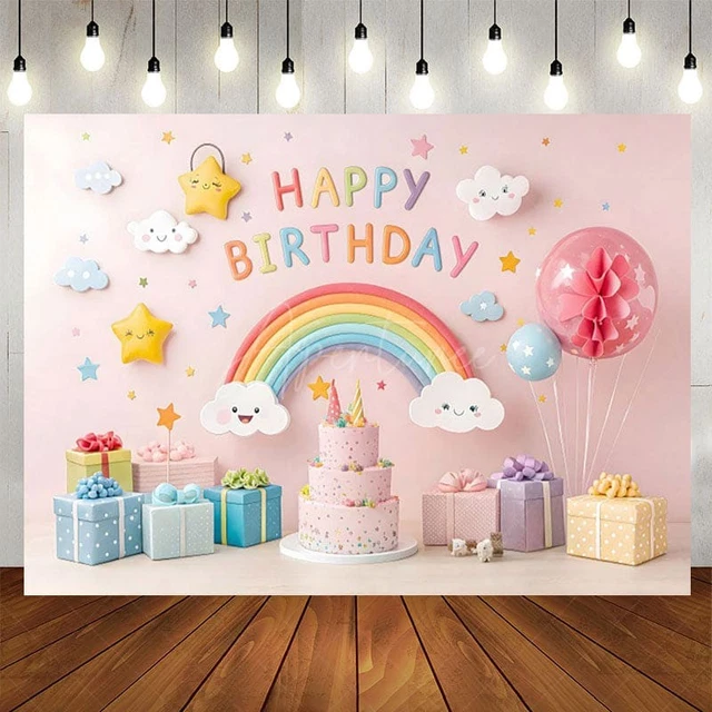 Aperturee Colorful Rainbow Clouds Birthday Pillow Case Backdrop