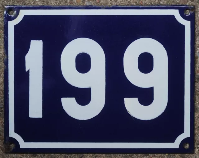 Large old blue French house number 199 door gate plate plaque enamel sign NOS