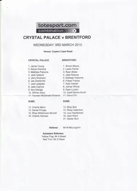 Crystal Palace v Brentford Reserves programme 3.3.2010