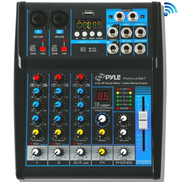 Pyle PMXU43BT 4Ch Studio/DJ Controller Audio Mixer Console System w/USB & XLR