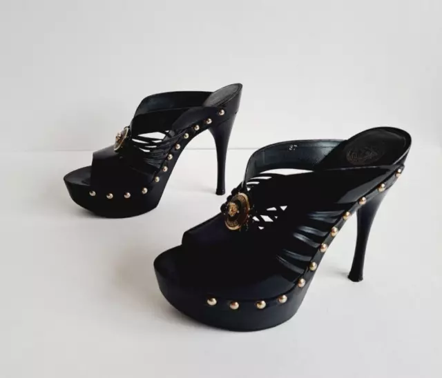 Versace Black Patent Leather Wooden Platform Medusa Sandals Size 37 3