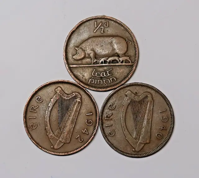 Ireland : Three Irish Halfpennies 1928, 1940 & 1942.Km 2 & 10.  Free Shipping