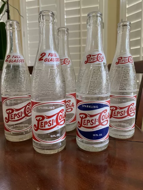 Five 5 Vintage Pepsi-Cola Bottles Duraglas 1948 1949 1950 12 Ounce Oz Double Dot