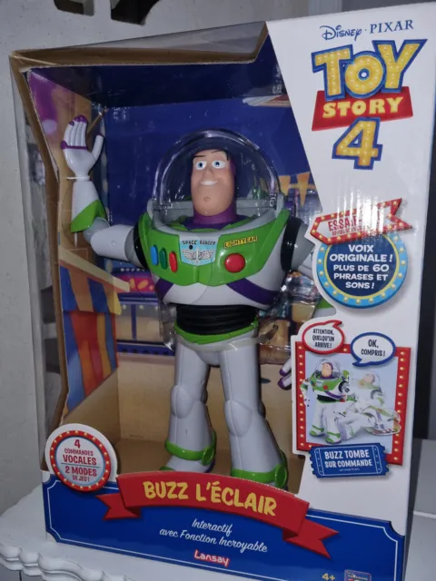 Toy story 4 , Jouet figurine Woody ( 40 cm) parlant en français + Buzz  l'éclair ( 30 cm ) avec casque parlant 10 phrases cultes en français .  Lansay.
