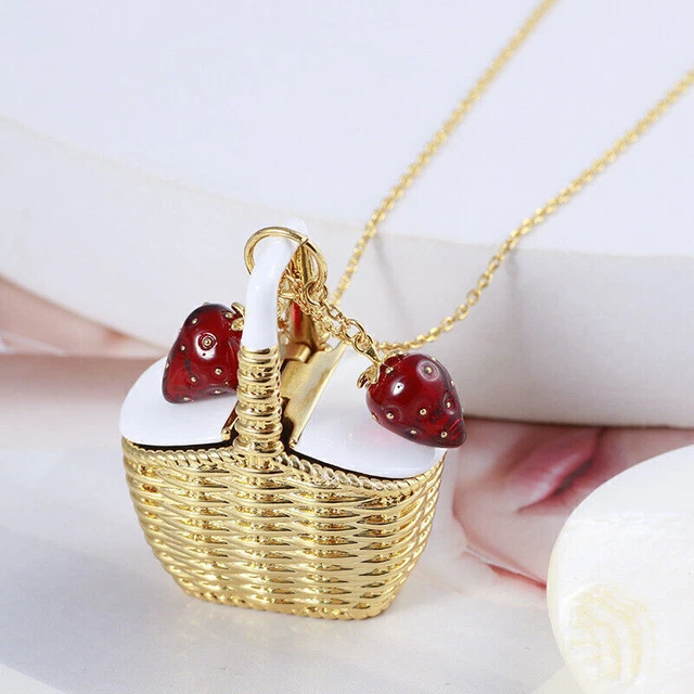 Kate Spade Fashion Picnic Basket Enamel Tutti Fruity Strawberry Long Necklace