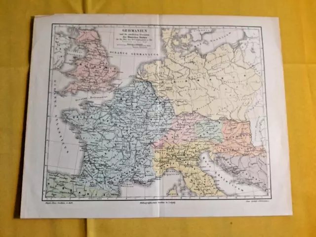 1895 GERMANY Vintage Map Northern Provinces Roman Empire ORIG. 11.5" Color C10-6