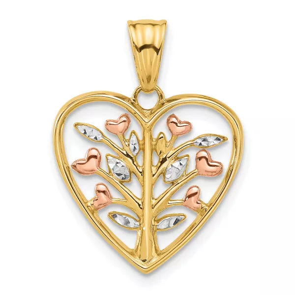 14K YELLOW GOLD Rose Gold White Branches Heart Necklace Charm Pendant ...