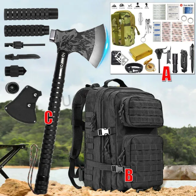 Tactical Tomahawk Backpack Survival Kit Camping Axe Hatchet Emergency First Aid