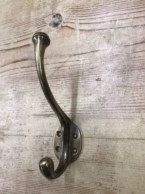 Original Antique Edwardian Brass Double Coat Hook Old  Metal Reclaimed Vintage