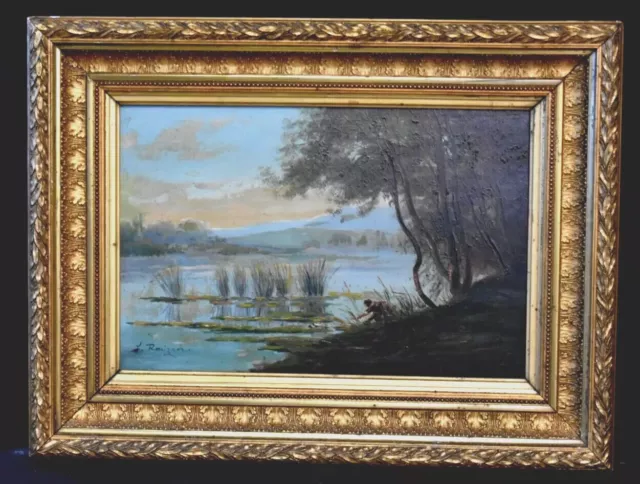 Tableau paysage animé bord de rivière lavandière Barbizon signé Rouzon XIXème