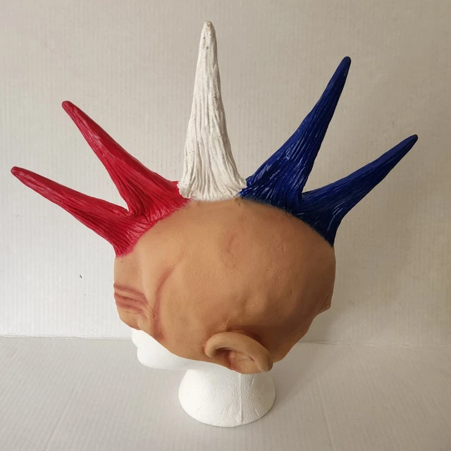 VTG 2002 Red White Blue Mohawk Punk Hair Adult Halloween Mask Wig Latex Rubber
