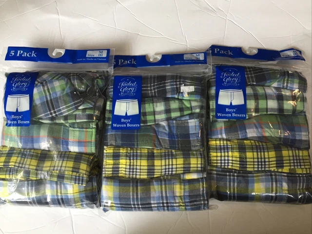 Faded Glory Boys Underwear 5 Pack Size Medium 8 Plaid Woven Boxers School New