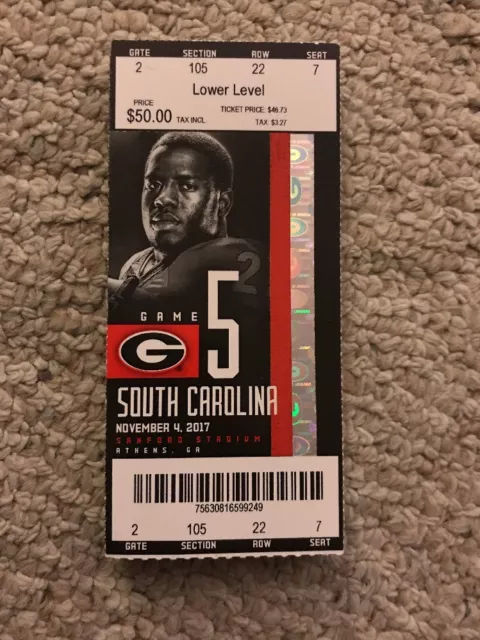 2017 Georgia Bulldogs Vs South Carolina Gamecocks Football Ticket Stub 11/4