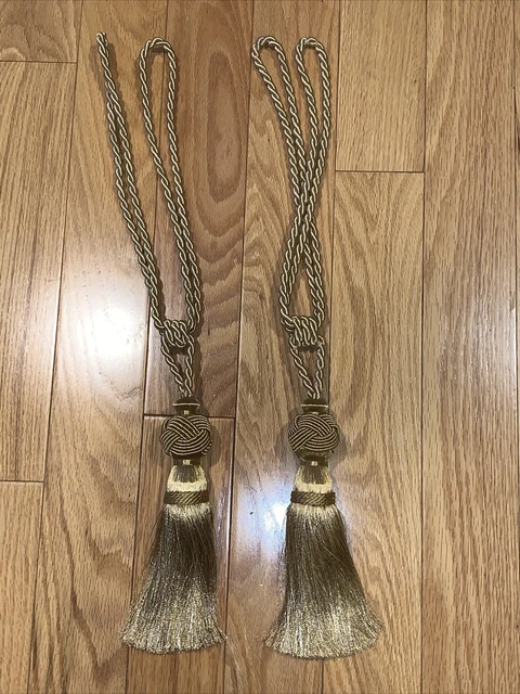 Drapery Tie Backs Pair 22” with 8” Large Tassels Gold Love Knot