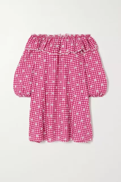 BNWOT NEW Rixo Bailey Off The Shoulder Bardot Gingham Pink Dress Size Medium