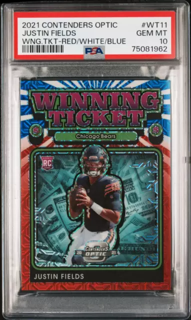 2021 Cont. Optic Winning Tickets Justin Fields Red/White/Blue /13 Psa 10 Rookie