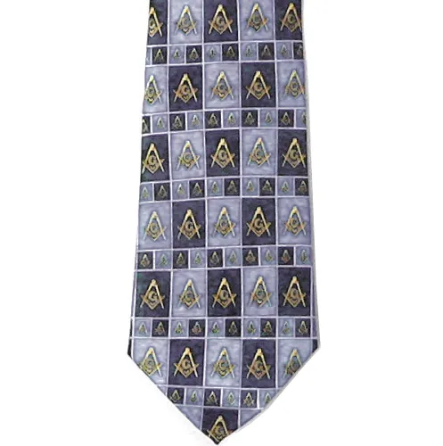 Masonic Neck Tie - Black and Gray Polyester long tie with rectangle boxed design