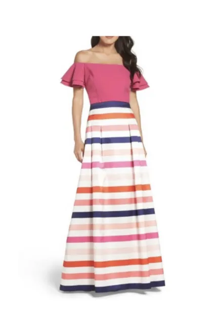 NWT Eliza J Full Skirt 2 Ball Gown Stripes Voluminous Navy Blue Pink Red White