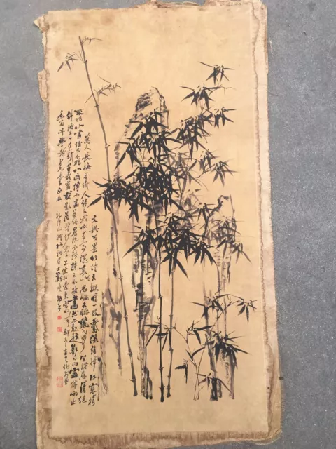 Chinese Rare Rice Paper Yarn Mesh Mural Zheng Banqiao Painting Bamboo A1