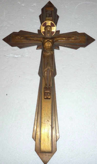 beau  crucifix allemand ou Belge d'époque art déco en cruivre et bronze émaillé