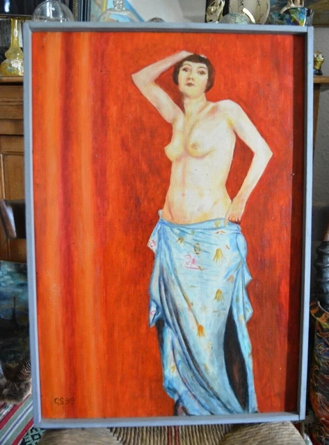tableau huile sur bois "la femme aux seins nus" signé GS 99